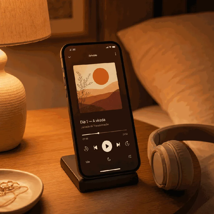 Mockup do celular com o player de áudio do método