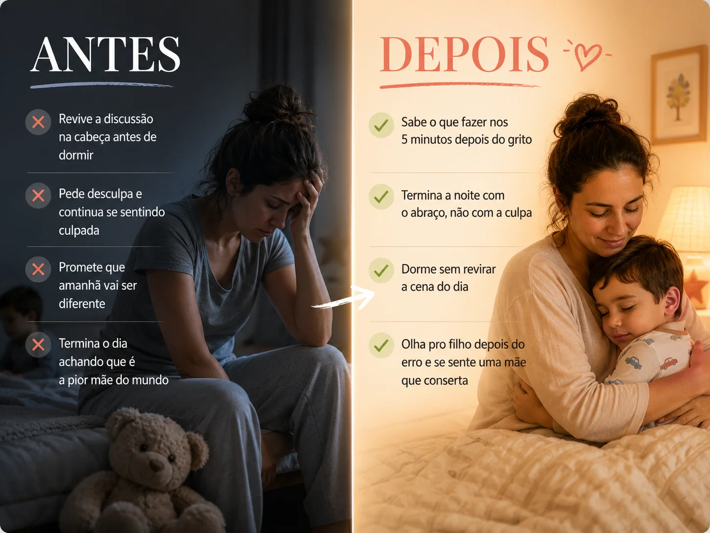 Antes e depois: mãe exausta revivendo a briga e mãe abraçando o filho tranquila na hora de dormir